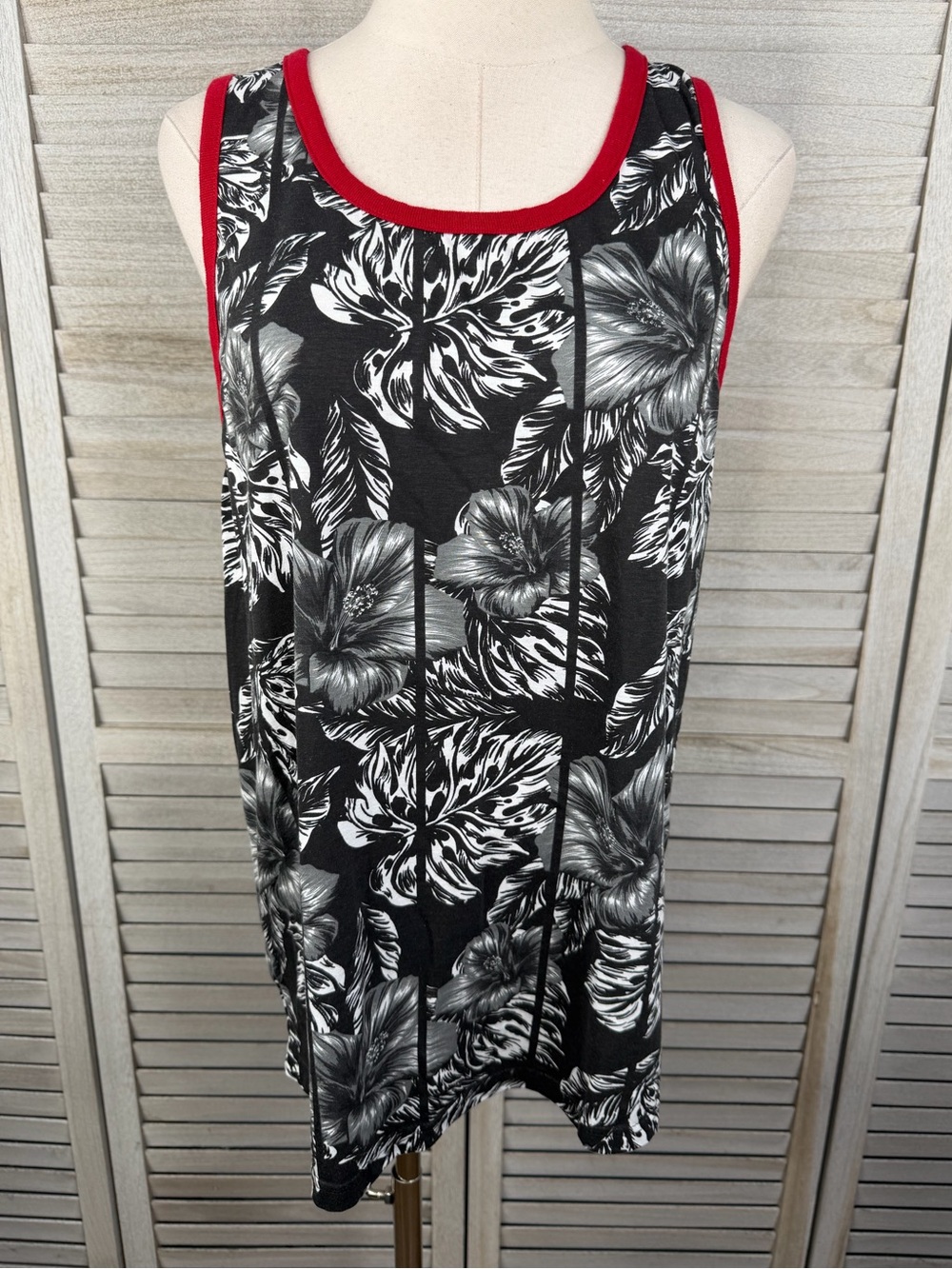 DISTORTION Men's Retro Y2K Skater Black & White Tropical Print Tank Top-Large